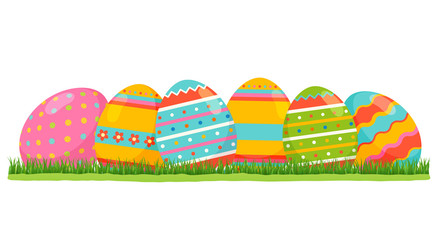 Easter colored eggs with pattern on green grass. Spring holiday symbols on white background.