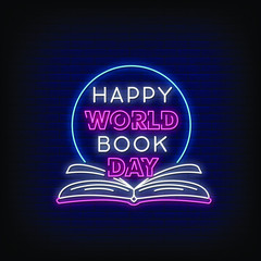 Happy World Book Day Neon Signs Style Text Vector
