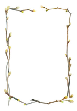 Watercolor frame from branches, twigs or vines and new buds with space for text isolated on white background.