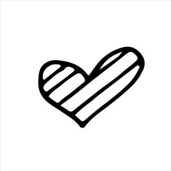 Striped simple black heart isolated on white background. Simple hand drawn vector illustration in cartoon doodle style