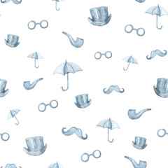 Watercolor hand painted England concept clipart. Seamless pattern on white background. Sherlock hat, glasses, umbrella collection. Perfect for textile design, fabric, wrapping paper, scrapbooking