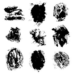 Brush. Paint splashes inclusion. Blots with the drops. Splashes of ink. Black the spray of dirt. Blots isolated vector grunge a set of silhouettes. Vector a set of nine abstract chaotic spots