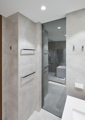 modern bathroom with mirror on the inside of the door