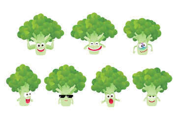 Set of funny broccoli character isolated on white background. Vector cartoon faces with various emotions.