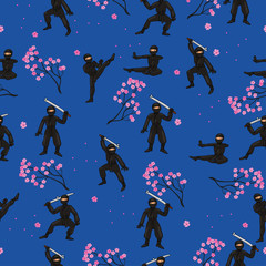 Seamless pattern with ninja in a black suit and sakura. Vector graphics. © Екатерина Зирина
