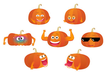 Set of funny pumpkins character isolated on white background. Vector cartoon faces with various emotions.