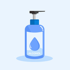 Vector of hand sanitizer pump bottle or medicine disinfection, alcohol gel for cleaning washing hands on isolated light blue background illustration.