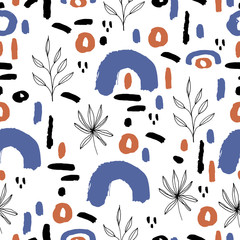 Naklejka premium Abstract flower and geometric shapes hand drawn. Trendy flat style design seamless pattern stock vector illustration for wrapping paper, textile, wallpaper, textile