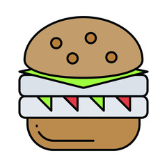 hamburger with seasonal veggies concept, Grilled Tower Sandwich on white background, Big Tall Snack Vector Icon design, Quinoa Bun Burger Color Concept