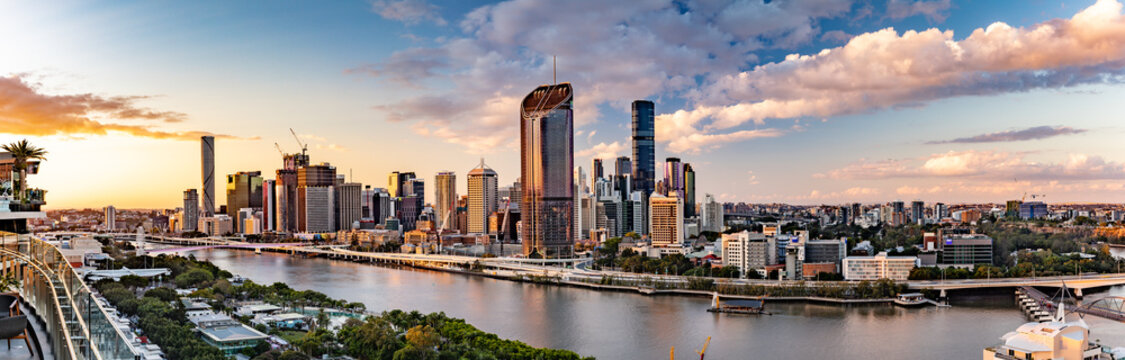 BRISBANE, AUSTRALIA - July 20 2019: Night time areal image of Brisbane CBD and South Bank.