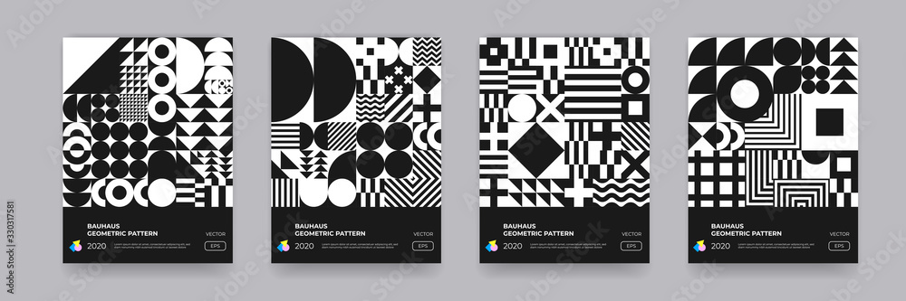 Poster Abstract Bauhaus geometric pattern background, vector circle, triangle and square lines art design. Black and white Bauhaus Swiss pattern background, posters set