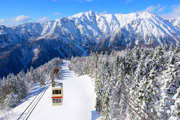 Shin-Hotaka Ropeway climbs up the top of Hotaka mountain in winter season, Okuhida, Gifu, Japan