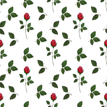 Watercolor seamless pattern with sprigs of red roses and green leaves.On white background.For wrapping paper, fabrics,textiles and clothing, wallpaper,cards and other design projects.