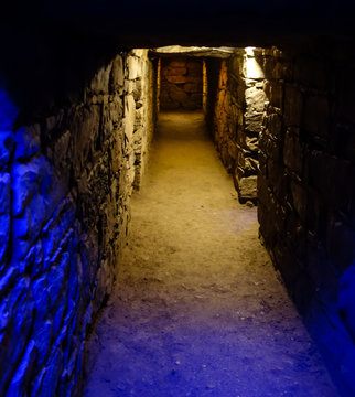 Tunnels of Chavin archaeological site, Peru. Pre-inca ruins of historical culture