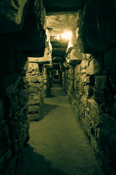 Tunnels of Chavin archaeological site, Peru. Pre-inca ruins of historical culture