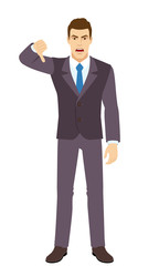 Angry Businessman showing thumb down gesture as rejection symbol. Full length portrait of Businessman in a flat style.