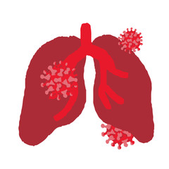 Red coronavirus icon social warning on white isolated backdrop. Infected lungs art for medical poster, social banner or info card. T shirt or hoody print. Hand drawn style stock vector illustration