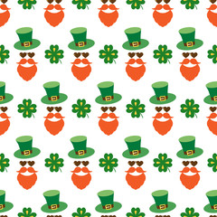 Seamless pattern for Patrick's day with stylish print. Hat, beard, mustache, clover leaves for luck. Colored isolated elements on white background. Backdrop for holiday design, greeting, card, print.