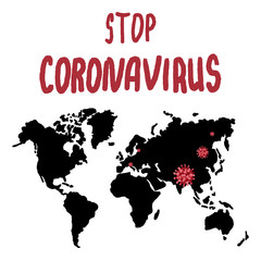 Stop Coronavirus text on white isolated backdrop. World map with virus icon for social banner, medical poster, social network warning or info card. Hoody print. Minimal style stock vector illustration