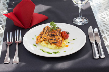 chicken meat with mashed potatoes