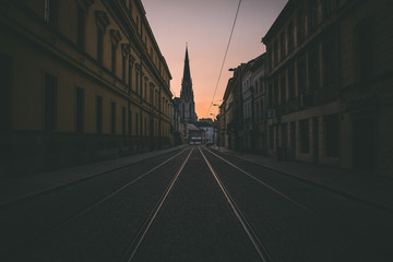 Fototapeta na wymiar Empty street during the early morning in the center of historic Olomouc.