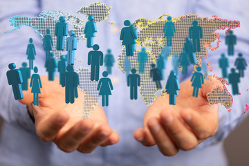 Digital hologram of the Earth with satellites on orbit. Digital globe with statistics data..