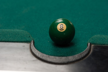 Billiards balls and cue on billiards table. Billiard sport concept