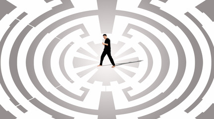 Minimal people: Young man standing on center of maze. Concepts of finding a solution, problem solving and challenge.