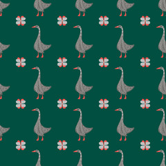 Hand-drawn seamless goose pattern. Engraved vector illustration style. Template for your design work.stylized bird with a folk pattern.suitable for fabrics, banners, postcards, children s books.