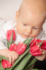 newborn with tulips