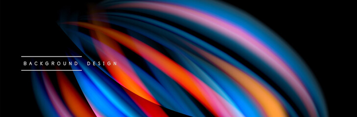 Сolorful flow poster. Wave liquid lines and shapes in black color background. Vector Illustration