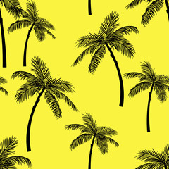 Obraz na płótnie Canvas Vector seamless tropical pattern with palm tree on yellow background. Vector floral illustration for textile, print, wallpapers, wrapping.
