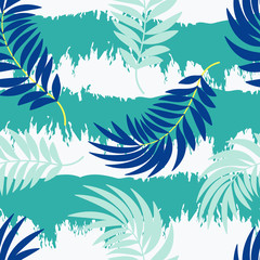 Vector seamless tropical pattern with leaves on striped background. Vector  floral illustration for textile, print, wallpapers, wrapping.