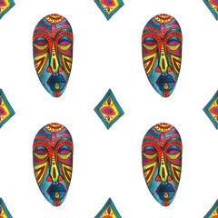 watercolor pattern with african tribal style masks and ornaments