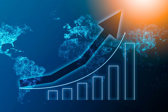 Charts Of Economic Growth On The Background Of An Abstract Map Of The Earth. HUD Global GDP Interface