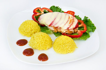 Chicken breast with tomatoes and vegetables and rice sauce