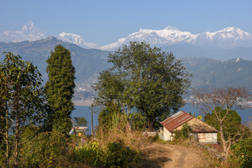 Arial view on Pokhara city, lake Phewa and the Himalayan range on Nepal
