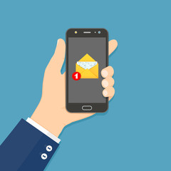 Hand holding smartphone with email icon. Flat style design vector illustration.