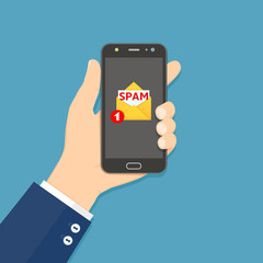 Hand holding smartphone with spam email on screen. Concept of spam email notification in mobile phone. Vector illustration in flat style.