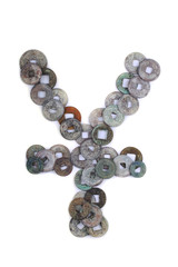 Yuan symbol made of ancient Chinese coins. Yuan is Chinese currency. Ancient Chinese coins is feng shui luck symbol
