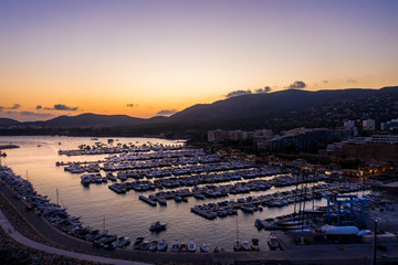 Fototapeta premium Aerial view, Puerto Portals luxury marina, Platja de s' Oratori beach and Illa d'en Sales, Portals Nous, Mallorca, Balearic Islands, Spain