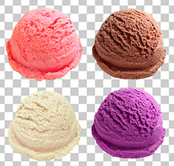 strawberry, chocolate, vanilla and blueberry ice cream scoops or balls on isolated background including clipping path.