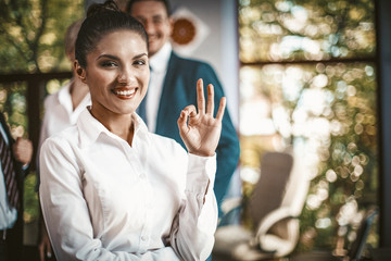 Cheerful Business Woman Shows Ok Gesture In Meeting Room, Focus On Smilling Female Office Worker And Her Colleagues On Sunny Blurred Background, Close Up, Toned Image