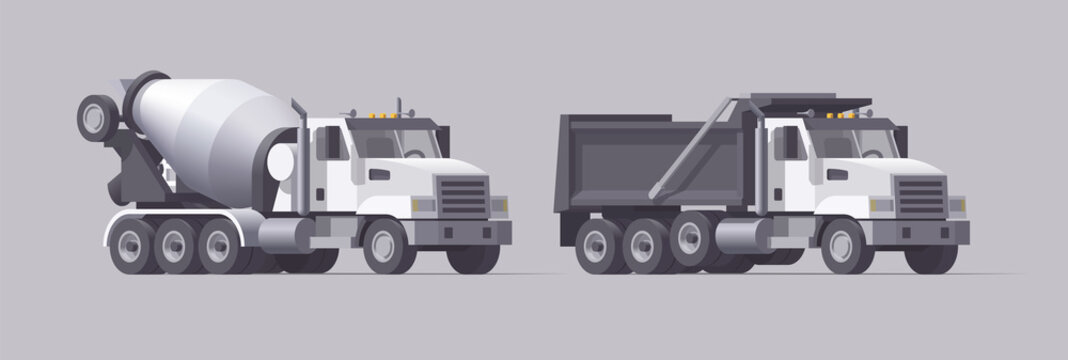 Vector concrete mixer truck & dump truck. Isolated american cement truck. Heavy empty truck