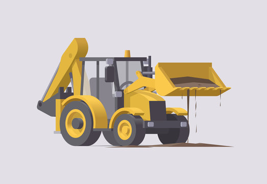 Vector backhoe loader lifting dirt. Isolated tactor excavator. Illustration