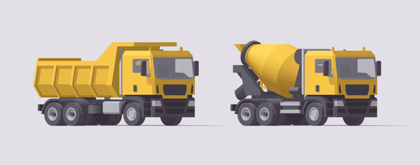 Vector dump truck & concrete mixer truck. Isolated cement truck. Heavy empty truck. Illustration © Paul Kovaloff
