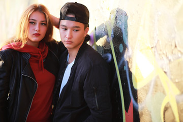 Loving couple walking in casual clothes