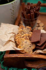 Chocolate Chip Cookies. Cookies in the shape of flowers. Still life on the table. Chocolate confectionery baking, cooking.
