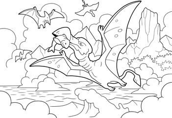 prehistoric dinosaur pterodactyl fishing, coloring book, funny illustration