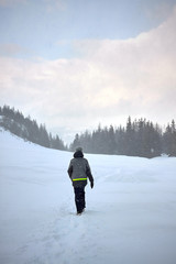 Rear view of a tourist hiking on mountain glade during heavy snowfall in Tatra Mountains, Poland